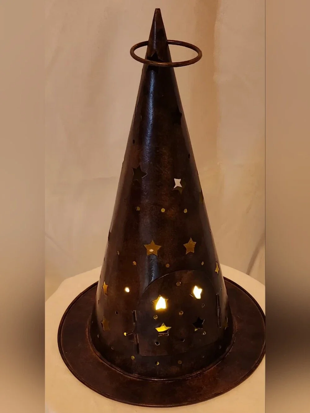 Rustic Metal Witch Hat Candle Holder With Punched Out Stars & Front Hinged Door